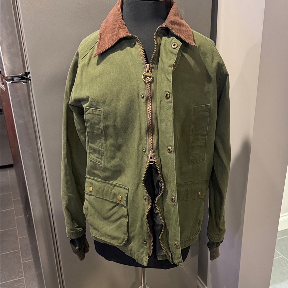 Olive Green Women's Barn Jacket with Brown  Corduroy Collar